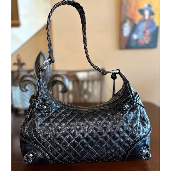 BRIGHTON - Quilted Black Patent Leather Hobo Shoulder Bag. Beautiful Condition! - Picture 7 of 15